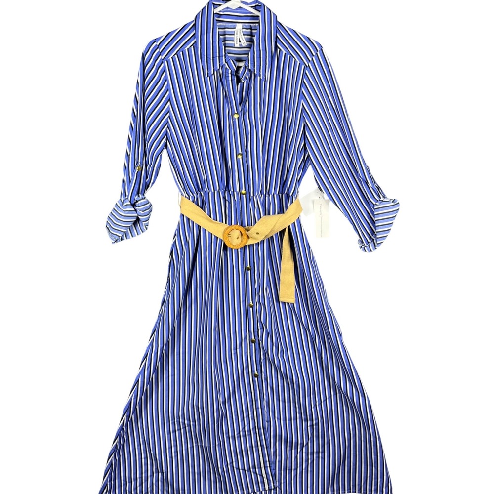 Truly 4 You Shirt Dress‎ Womens 1X Blue Striped Belted Roll-Tab Sleeve Midi